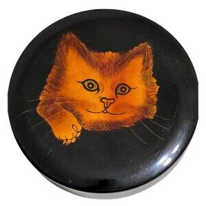VTG Hand Painted Cat Trinket Lacquer Round Box Schezwan Province China 8 x 2